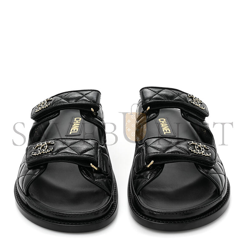 CHANEL LAMBSKIN QUILTED VELCRO DAD CHAIN CC SLIDE SANDALS BLACK G45507